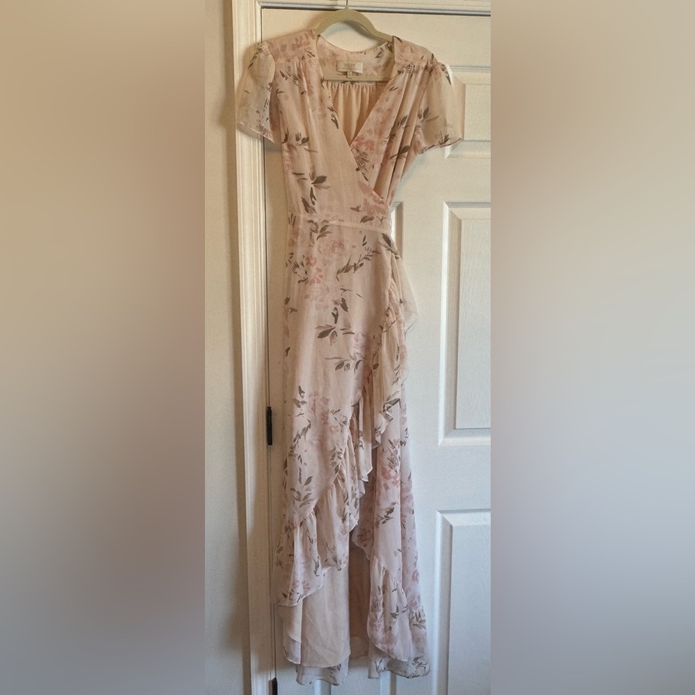 Wayf Asymmetrical Floral Pink wrap dress